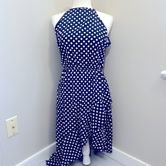 Claudia G Sleeveless Asymmetric‎ HalterTop Dress Womens M Navy White Dot NWOT - Picture 2 of 14